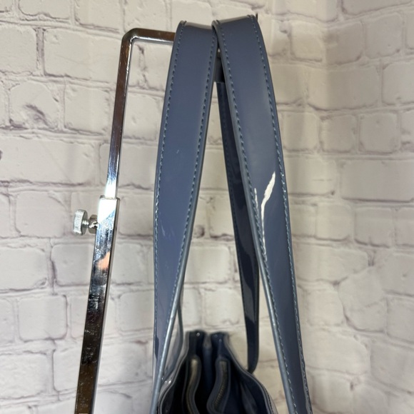 Armani Jeans Tote Blue Gray Patent Leather Large Shoulder Bag w/Bag Charm Silver - Picture 7 of 13